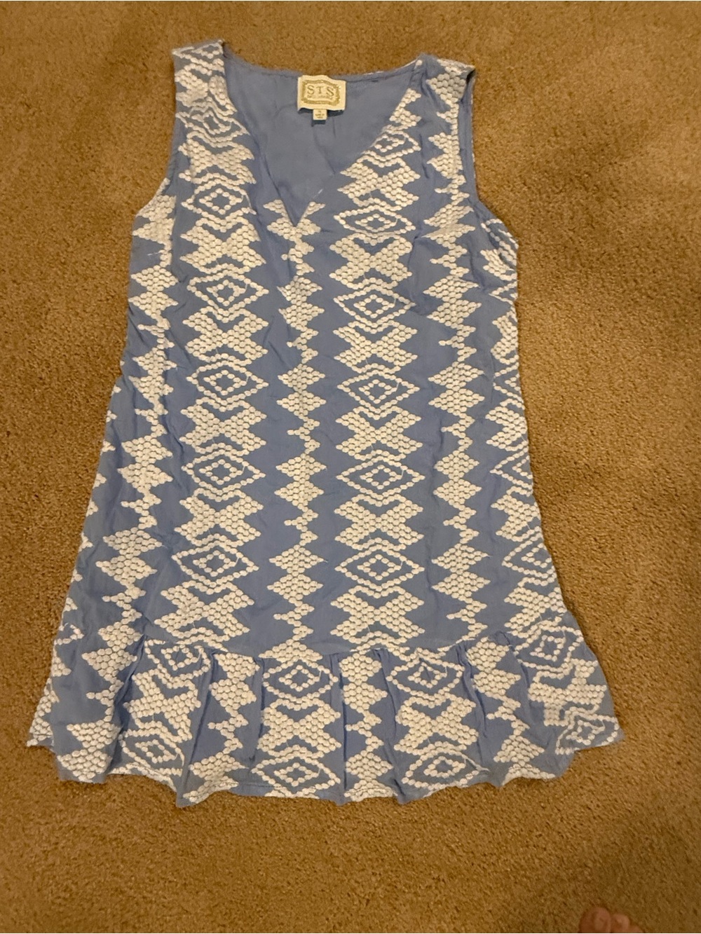 Sail to Sable Light Blue and White Sleeveless Embroidered V-Neck Mini Dress